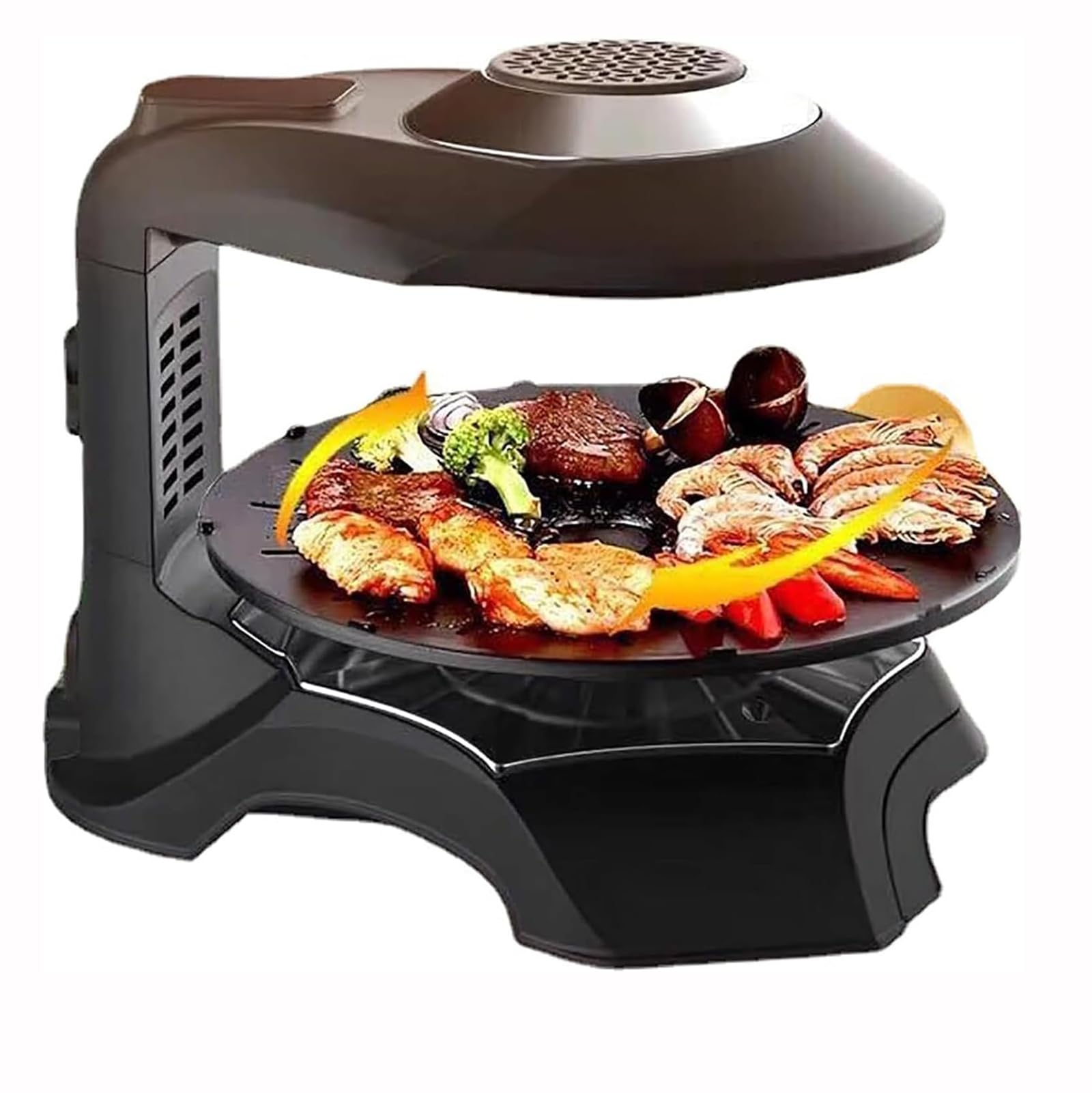 YXZQLOZ Smokeless Electric Grill Pan An indoor smokeless electric grill with timer, automatic rotation, and a detachable grill pan. Temperature adjustable from 80°C to 280°C