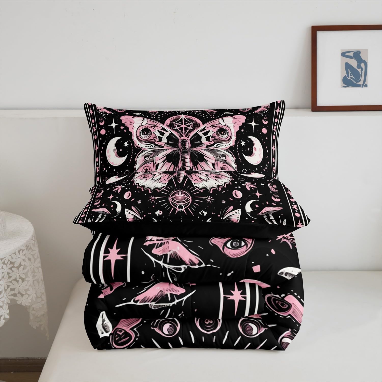 Feelyou Death Moth Comforter Set Twin Size Boho Exotic Moth Comforter for Kids Teens Adults Bohemian Butterfly Reversible Bedding Set Sun Moon Duvet Set Room Decor 2Pcs with 1 Pillow Case
