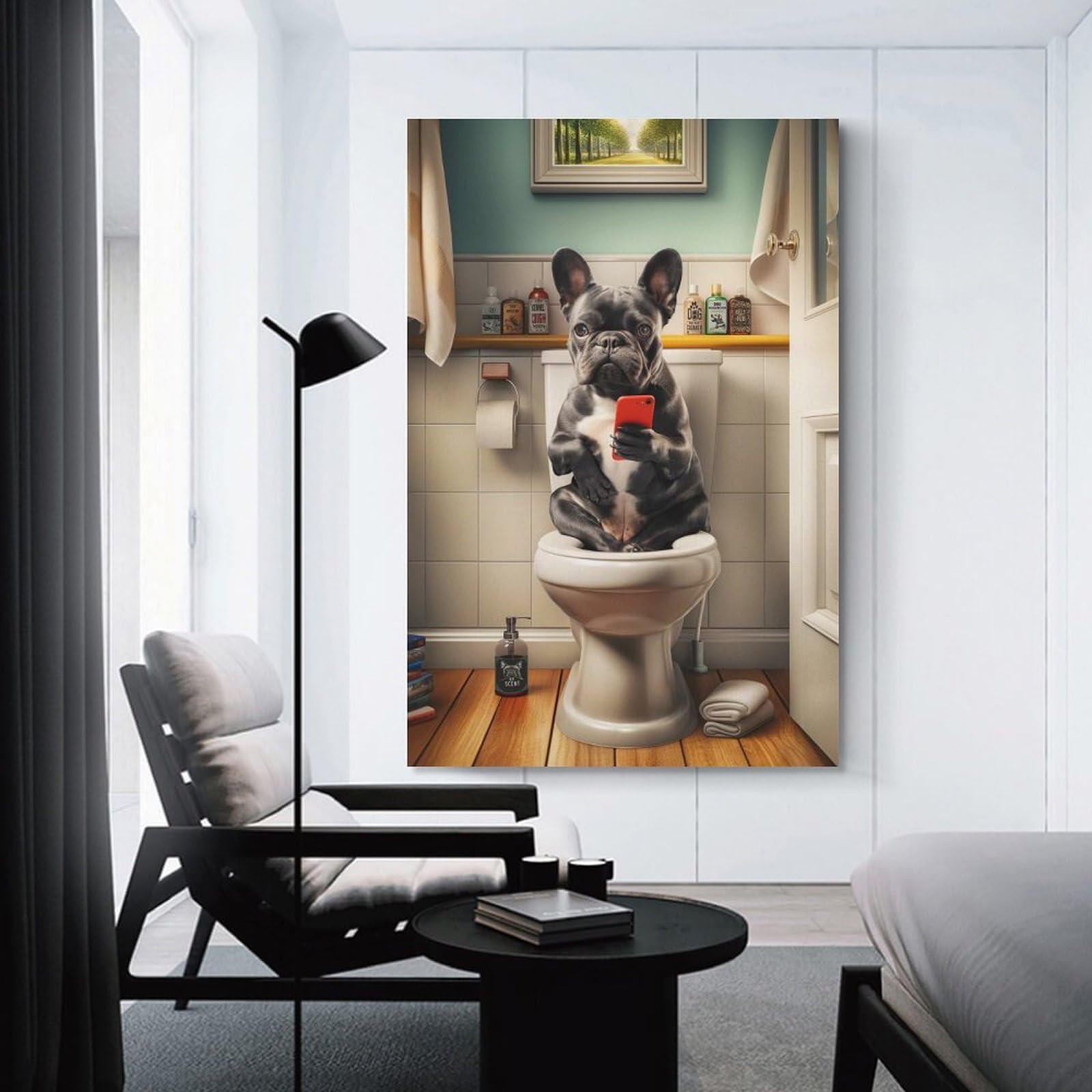 Junmoney Unframe-Style-17 French Bulldog On Toilet Wall Decor Canvas Print, 20X30inch(50X75cm), For Flats, Guest Rooms Or Compact Rooms, A Simple Refresh For Blank Walls