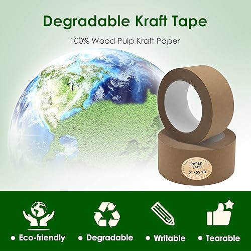 Miniatura 2 de TooCust Cinta de papel marrón de 2 pulgadas x 55 yardas, cinta de envío marrón para escribir, cinta de cartón biodegradable, cinta de embalaje de