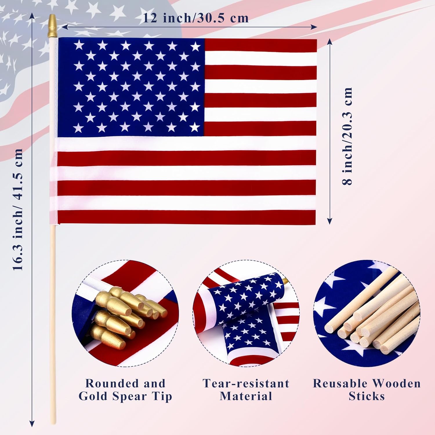 Shimeyao Handheld American Flag Bulk, 8 x 12 Inches US Flags on Stick with Gold Spearhead Decoration Wooden Stick American Flags Set for 4th of July Patriotic Party Memorial Day(250 Pcs)