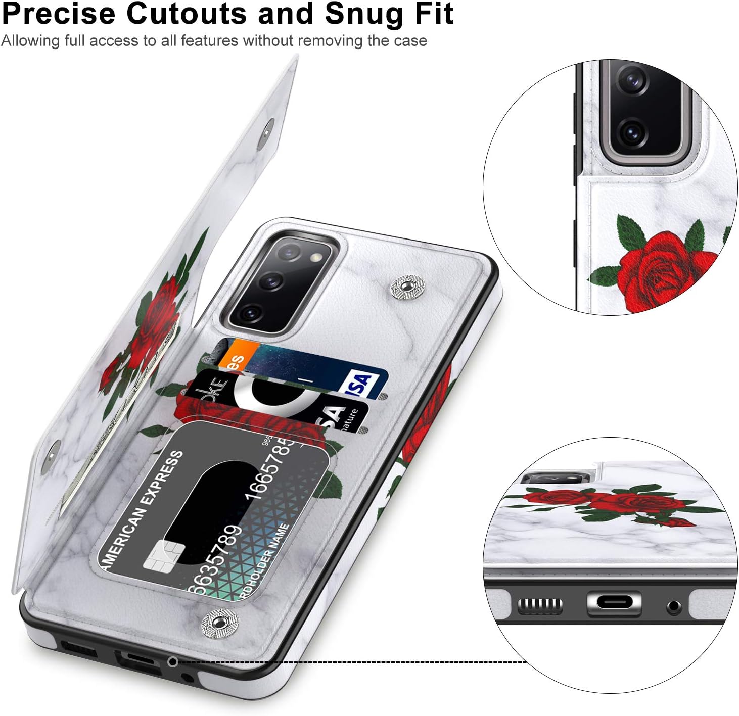 LETO Galaxy S20 FE Case,Flip Folio Leather Wallet Case Cover with Fashion Flower Designs for Girls Women,with Card Slots Kickstand Protective Phone Case for Samsung Galaxy S20 FE Roses and Marlbe