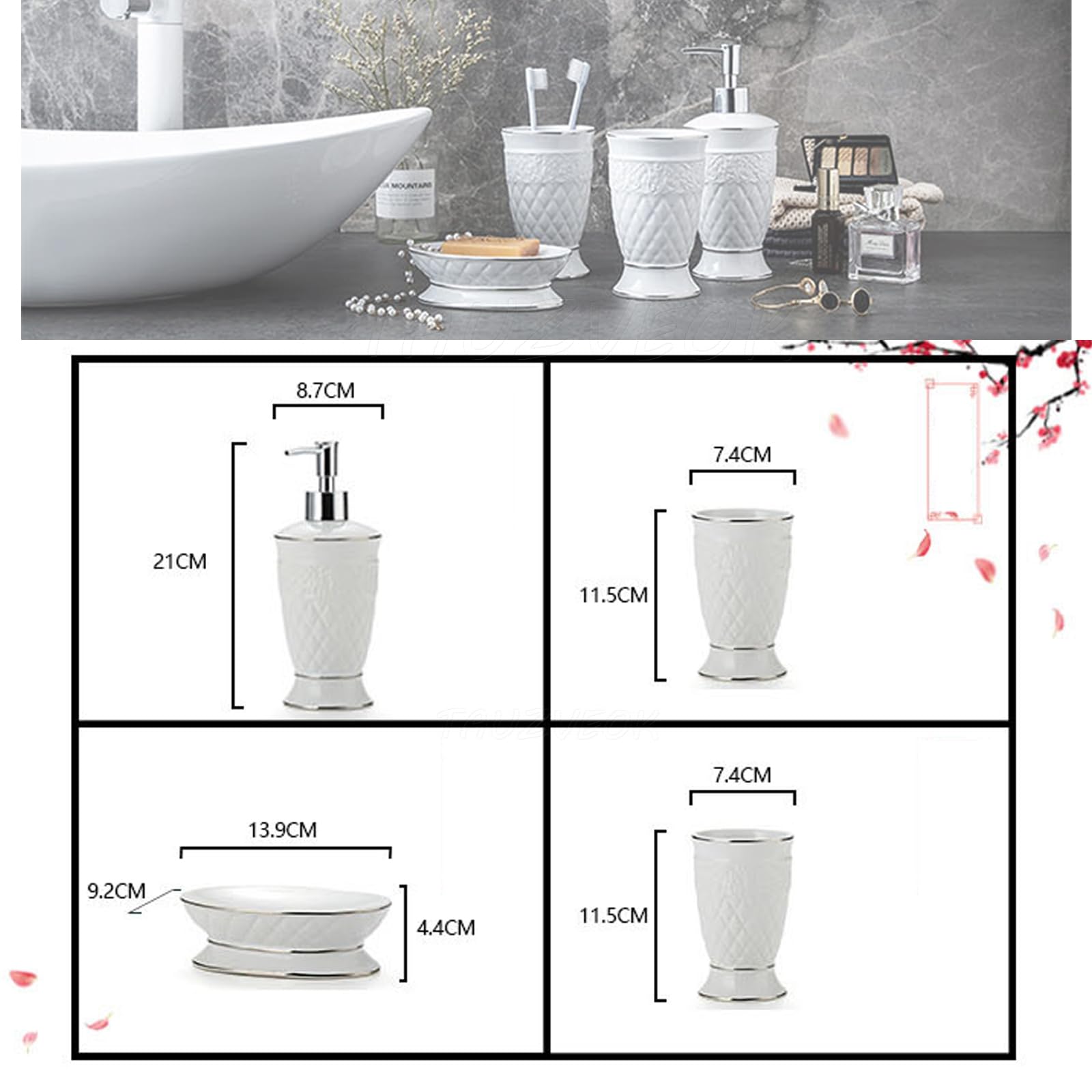 Juego Dispensador Jabón Baño,Accesorioscerámica, Accesorios Baño Modernos 4 Piezas, Dispensador, 2 Tazas Cepillo Dientes,para El Lavabo, Aspecto Mármol, Blanco,Blanco