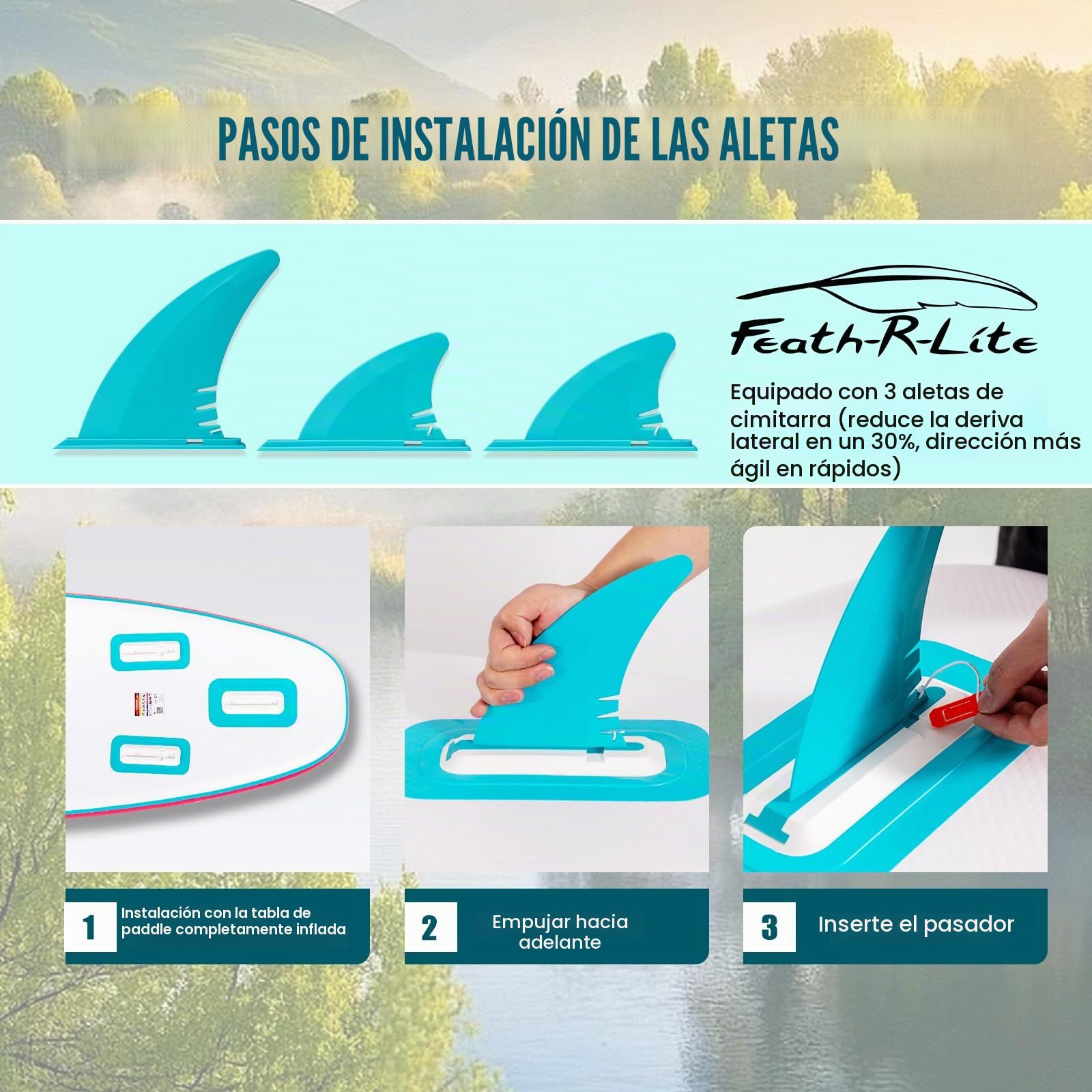 FEATH-R-LITE Tabla de Paddle Surf Hinchable Ultraligera, con Remo Ajustable, Bomba, Mochila, Leash y Aletas, para Principiantes y Avanzados