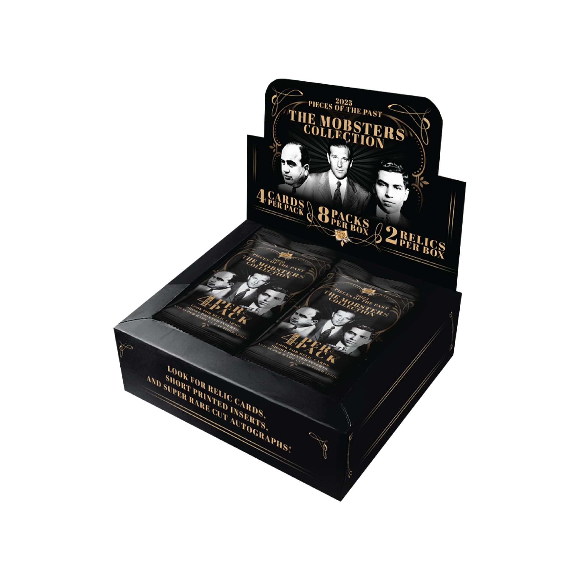 Pieces of the Past 2025 The Mobsters Collection Hobby Box - 8 Packs Per Box, 4 Cards Per Pack, 2 Guaranteed Relic Hits per Box - Cut Signatures, Vintage Documents, 1/1 Parallels