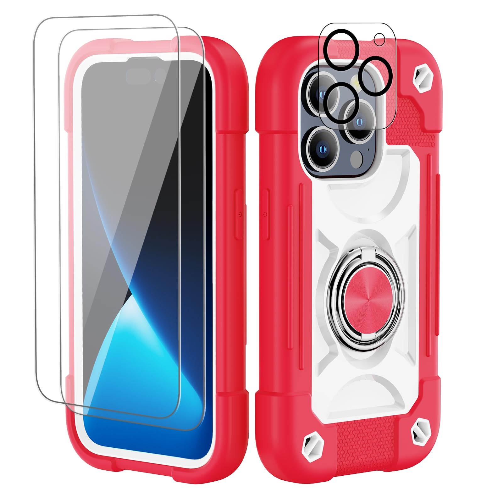 Cookiver Compatible with iPhone 15 Pro max Case 6.7" - Heavy-Duty Shockproof Military-Grade Rugged Cover with Ring Stand, Glass Screen Protector &