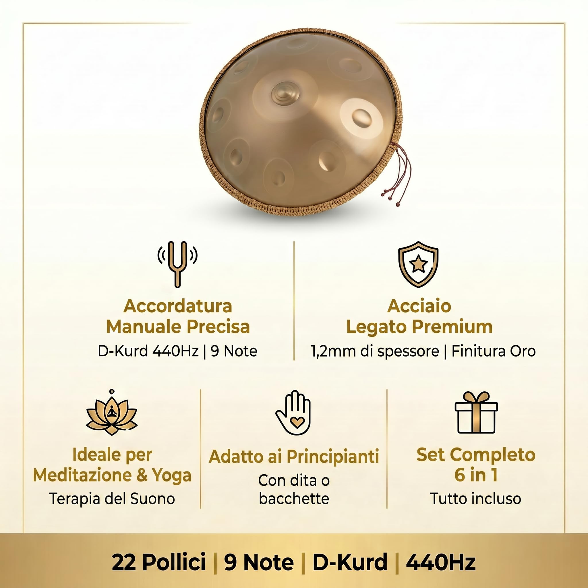 Handpan 22 Pollici 9 Note Re Kurd 440Hz Oro Tamburo a Mano per Meditazione Yoga Guarigione Sonora Acciaio Legato Include Borsa Supporto Bacchette Panno Adesivi Note