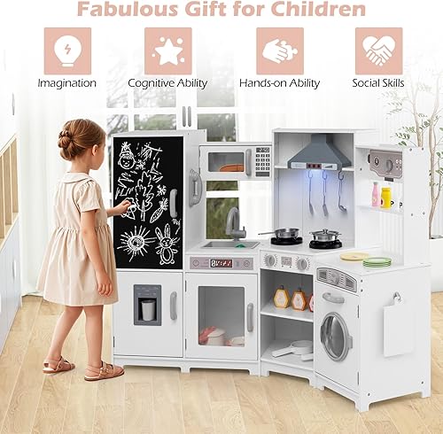 Miniatura 8 de Costzon Cocina de esquina con luces, sonidos, juego de cocina grande con pizarra, microondas, accesorios de cocina, juguete sensorial Montessori de