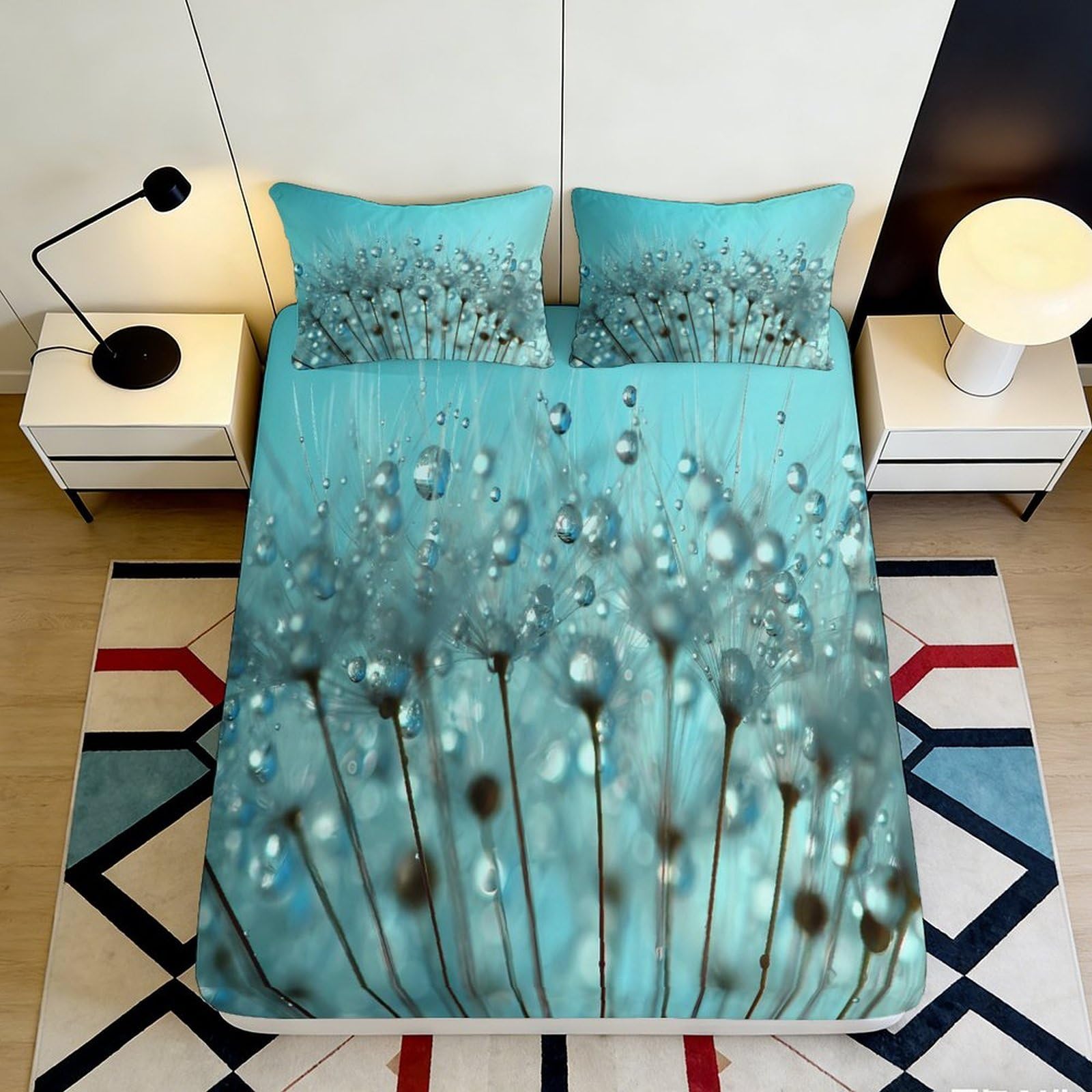 3D Printed Turquoise Dandelion Fitted Sheet Microfiber Soft Breathable Bubble Meadow Mattress Cover for Bedroom Decor 90x200x25cm