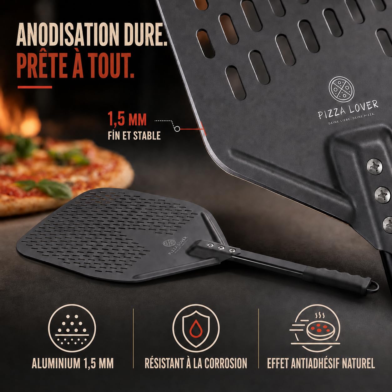 Pizza Lover Pelle à pizza perforée de qualité supérieure 30 x 30 cm spatule à pizza (anti-adhésif) pour pizza & pain faits maison Accessoire idéal pour pierre à pizza, four & barbecue