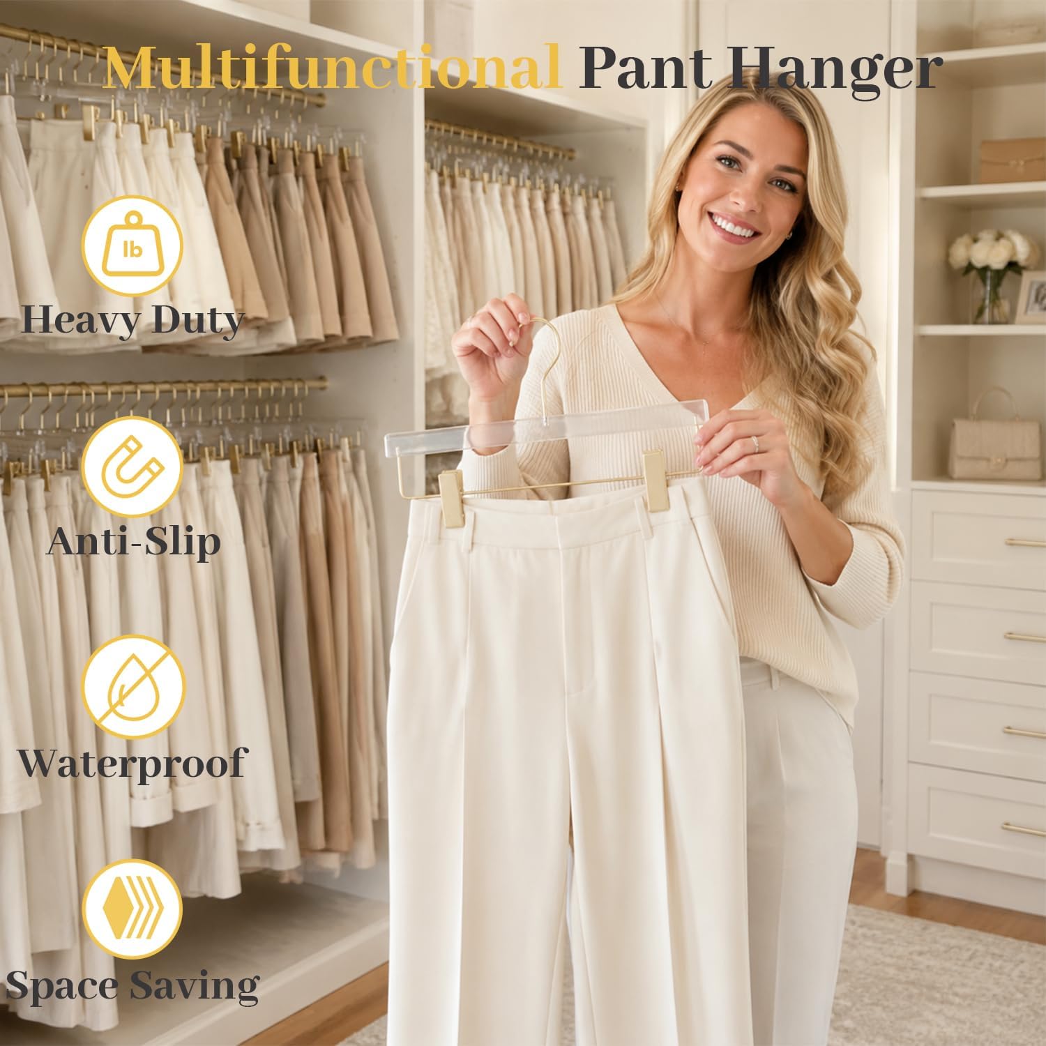 Acrylic Pant Hangers 10 Pack with Gold Hook and Clips