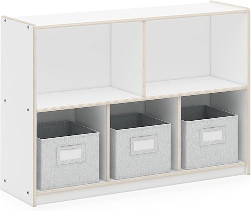 Guidecraft EdQ - Organizador de 5 compartimentos de 30 pulgadas, color blanco con contenedores de tela: armario organizador de madera para
