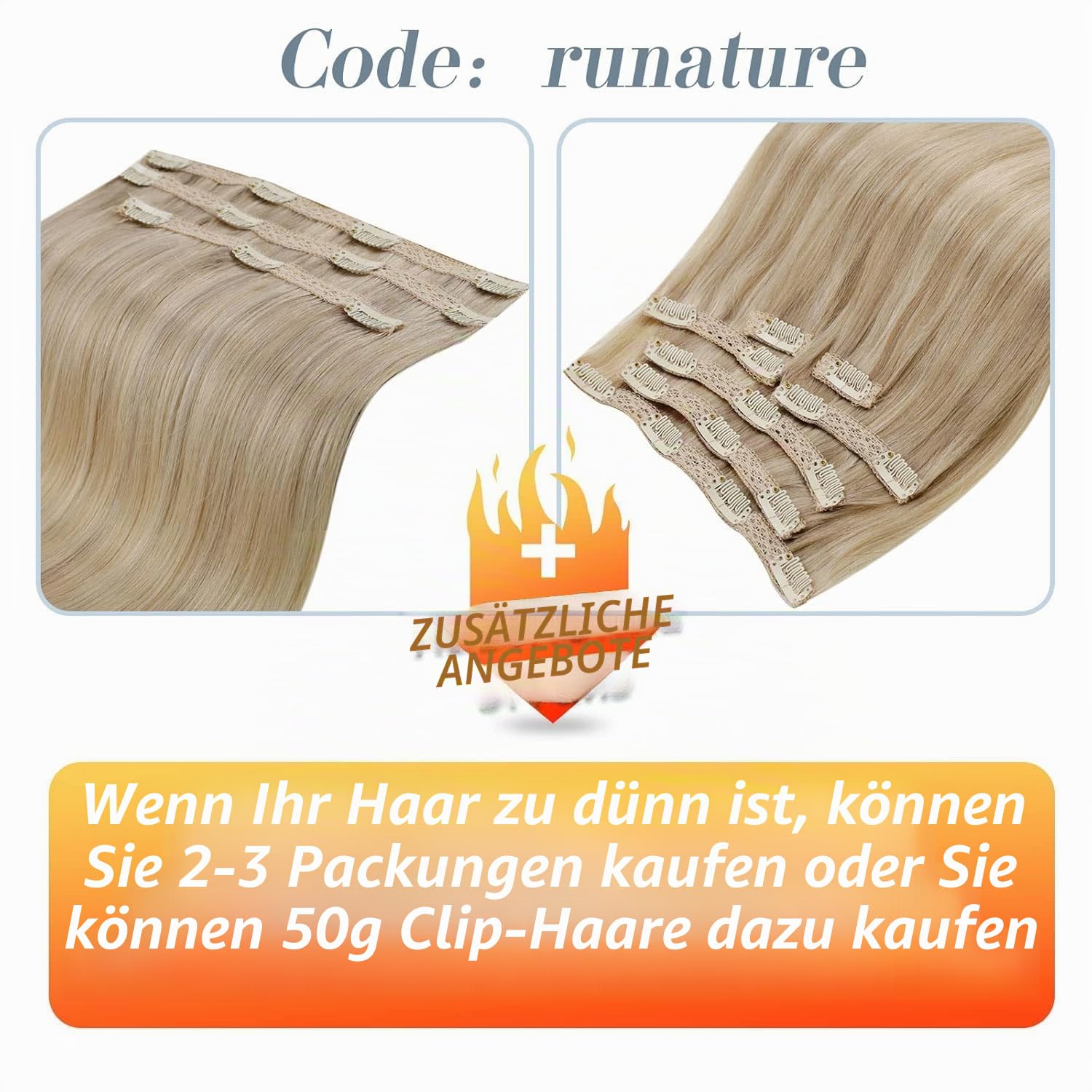 RUNATURE Clip in Extensions Echthaar Goldblond Hellblond 40cm 7pcs 120g #16P22