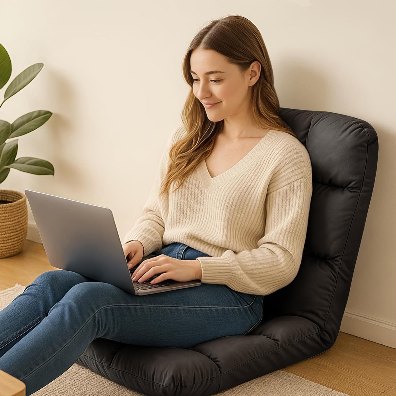 Trintion Bodenstuhl Faltbar mit Verstellbarer Rückenlehne, Relaxsessel & Meditationsstuhl klappbar, nutzbar als Sitzkissen, Bodenkissen Liegefläche für Wohnzimmer, Yoga, Meditation, Schwarz