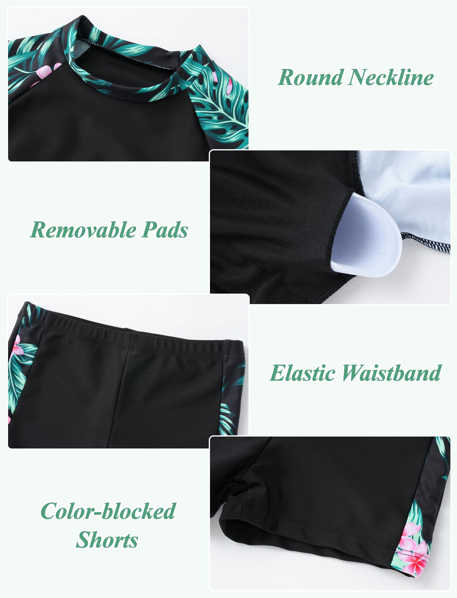Maeau Maillot de Bain Deux Pièces Fille, Ensemble de Plage Imprimée Enfant, Crop Haut Protection UV à Manches Longues+Short, Costume de Bain et Plage, 7-14 Ans/130-160cm