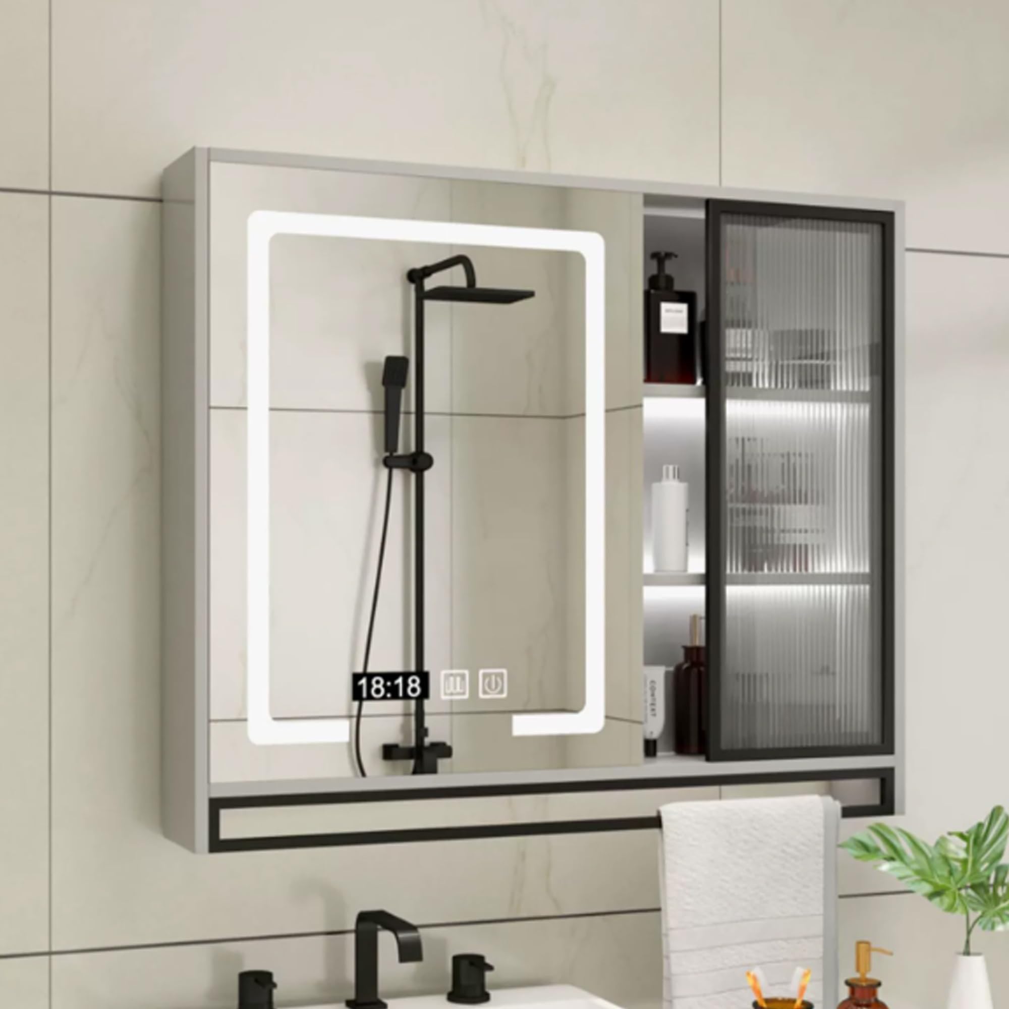 BKSXSOP Modern Medicine Cabinet with Time Display & Defogger, Grey Bathroom Vanity Towel Bar, Wall-Mounted Storage Mirror Cabinet, Above Toilet nizer (60x13x75cm)