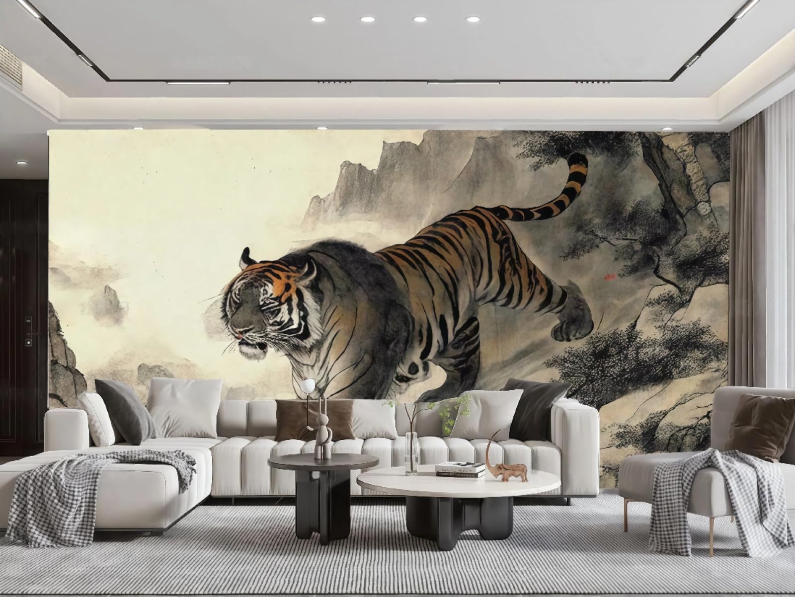Papier peint tigre art moderne style encre de chine fresque murale 3D salon 200x140cm