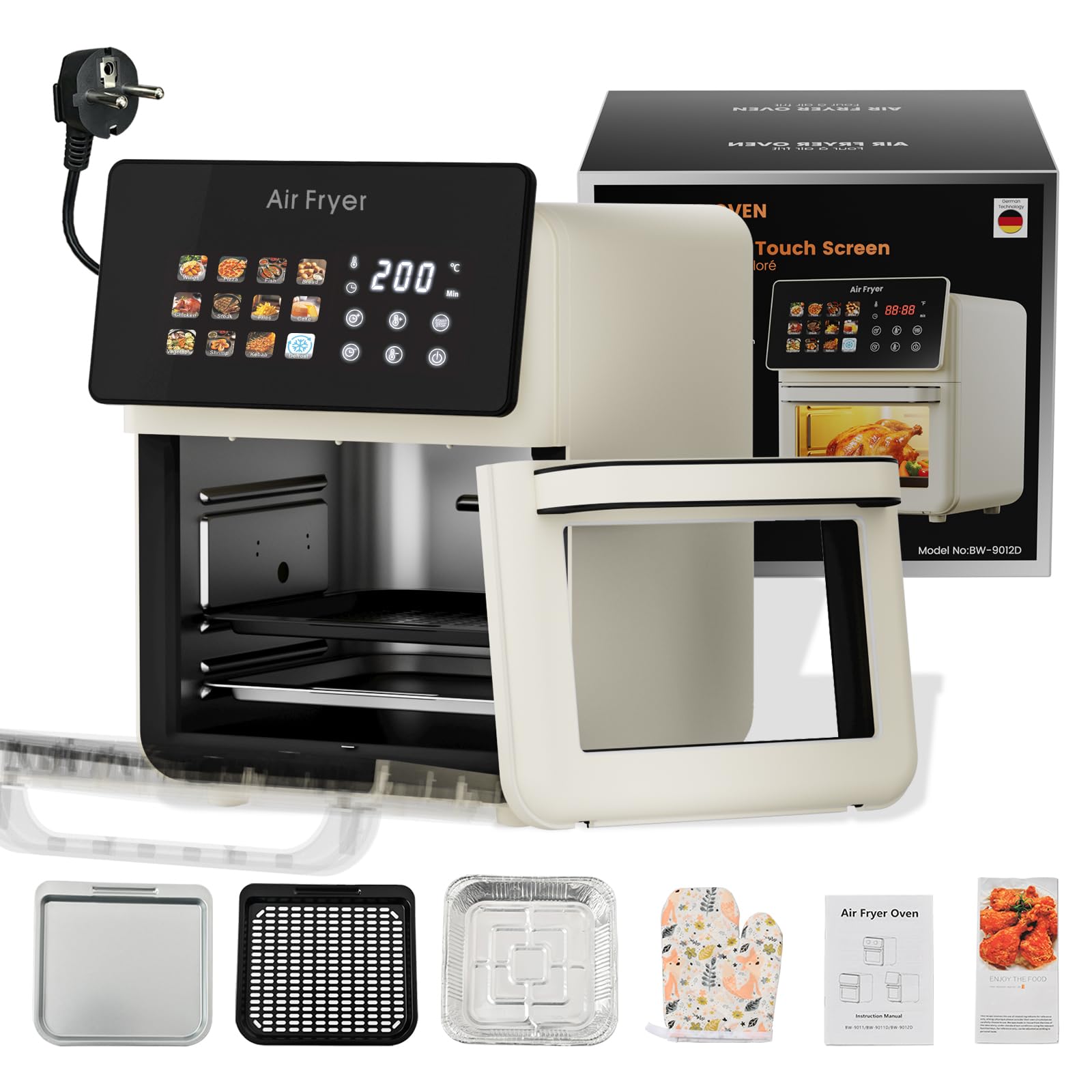 AboveMoon 10L Large Xl Pro Air Fryer Oven With Grill Combo For Kitchen Countertop Use,12 in 1 Smart Convection Ovens,AirFryer With Glass View Window,Basket,Fryer Liners,Removable Door-Beige White