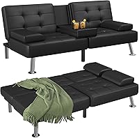 Flamaker Futon Sofa Bed Convertible Recliner Lounge with Cup Holders & Removable Arms - PU Leather Black, 500lbs Capacity