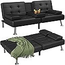 Flamaker Futon Sofa Bed Modern Folding Futon Set Convertible Recliner Lounge for Living Room with 2 Cup Holders, Removable Armrests (PU Leather, Black)