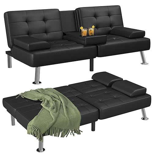 Flamaker Futon Sofa Bed Modern Folding Futon Set Convertible Recliner Lounge for Living Room with 2 Cup Holders, Removable Armrests (PU Leather, Black) - Black - Artificial Leather