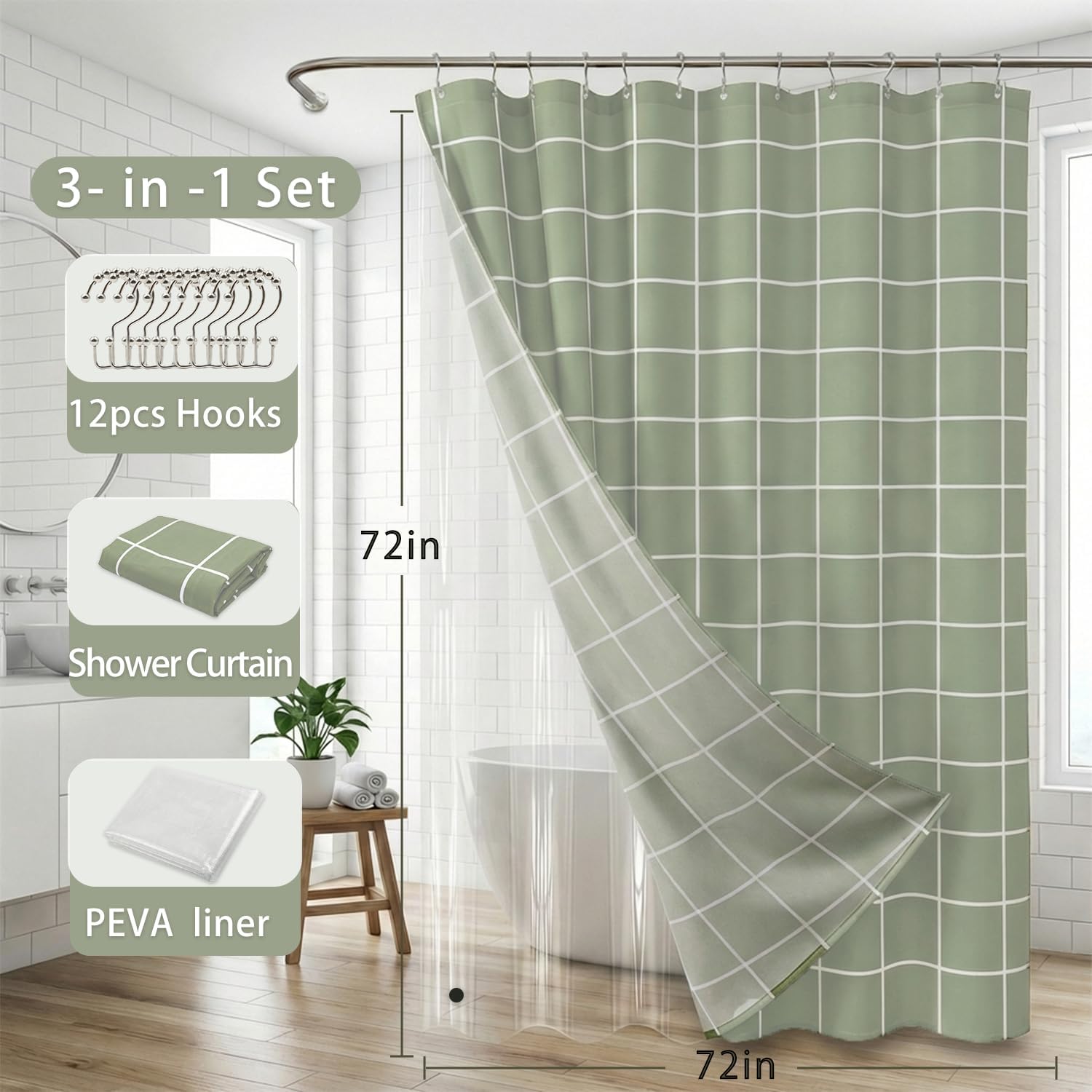 3 in 1 Shower Curtain Set, Checkered Minimalist Shower Curtain and PEVA Liner Sets swith 12 Metal Double Sided Shower Curtain Hooks, White Line Simple Modern Shower Curtain for Bathroom, 72x72, Sage