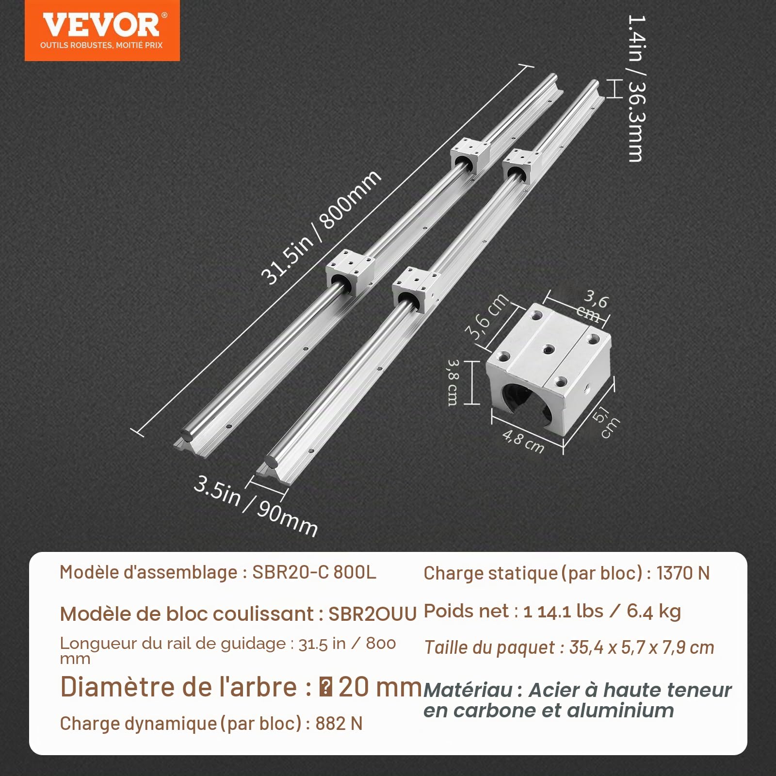 VEVOR Rail de Guidage Linéaire SBR20 800 mm 2PCS Rails Linéaires 800 mm 4PCS Blocs Roulement SBR20UU Kit Glissières à Roulement Linéaire pour Machines Automatisées Routeurs CNC Tours Imprimantes 3D