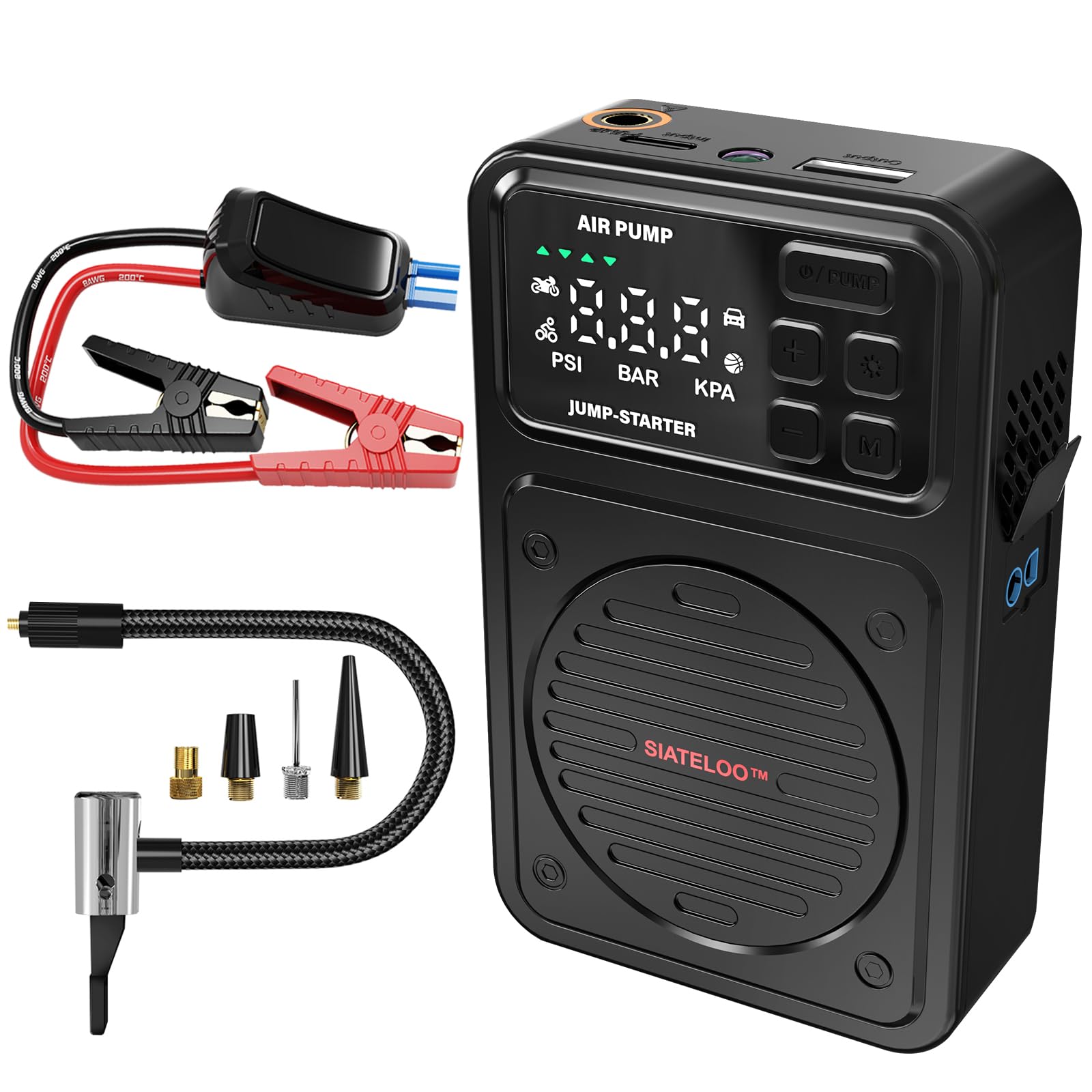 Arrancador portátil de coche de 3000 A con compresor de aire | Para hasta 7.0L de gas / 6.5L Diesel, inflador de neumáticos de 150 PSI, paquete de batería de 20000 mAh, luz LED
