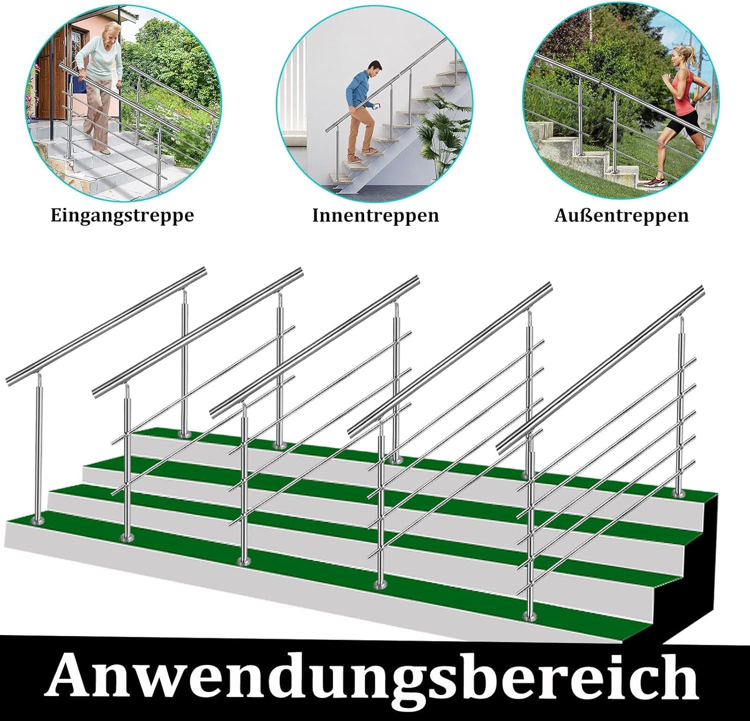 Edelstahl Handlauf Geländer für Treppen Brüstung Balkon mit 2 Querstreben - Innen und Außen Handlauf Geländer Treppengeländer Edelstahl Brüstung Balkon (80CM, 2 Querstreben)