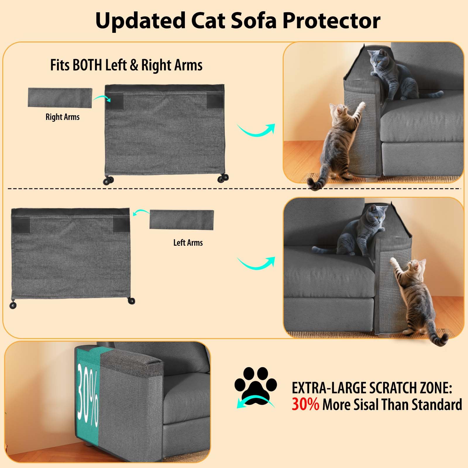 Protector de arañazos de gato para sofá, protector de sofá más grande de garras de gato, apto para ambos lados del sofá, rascador de esquina de sofá con cobertura ampliada, almohadilla de sisal a
