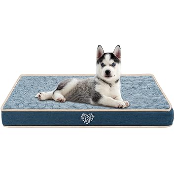 VANKEAN Stylish Reversible Dog Mat (Warm and Cool), Waterproof Inner Lining, Removable Machine Washable Cover, Plush Dog Mattress for Joint Relief Dog Bed for Crate, Navy/Grey