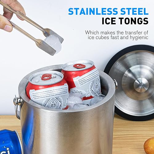 Miniatura 6 de Cubo de hielo de 2 litros con tapa de silicona, colador, pinzas, pequeño cubo de hielo de acero inoxidable aislado de doble pared para cócteles y