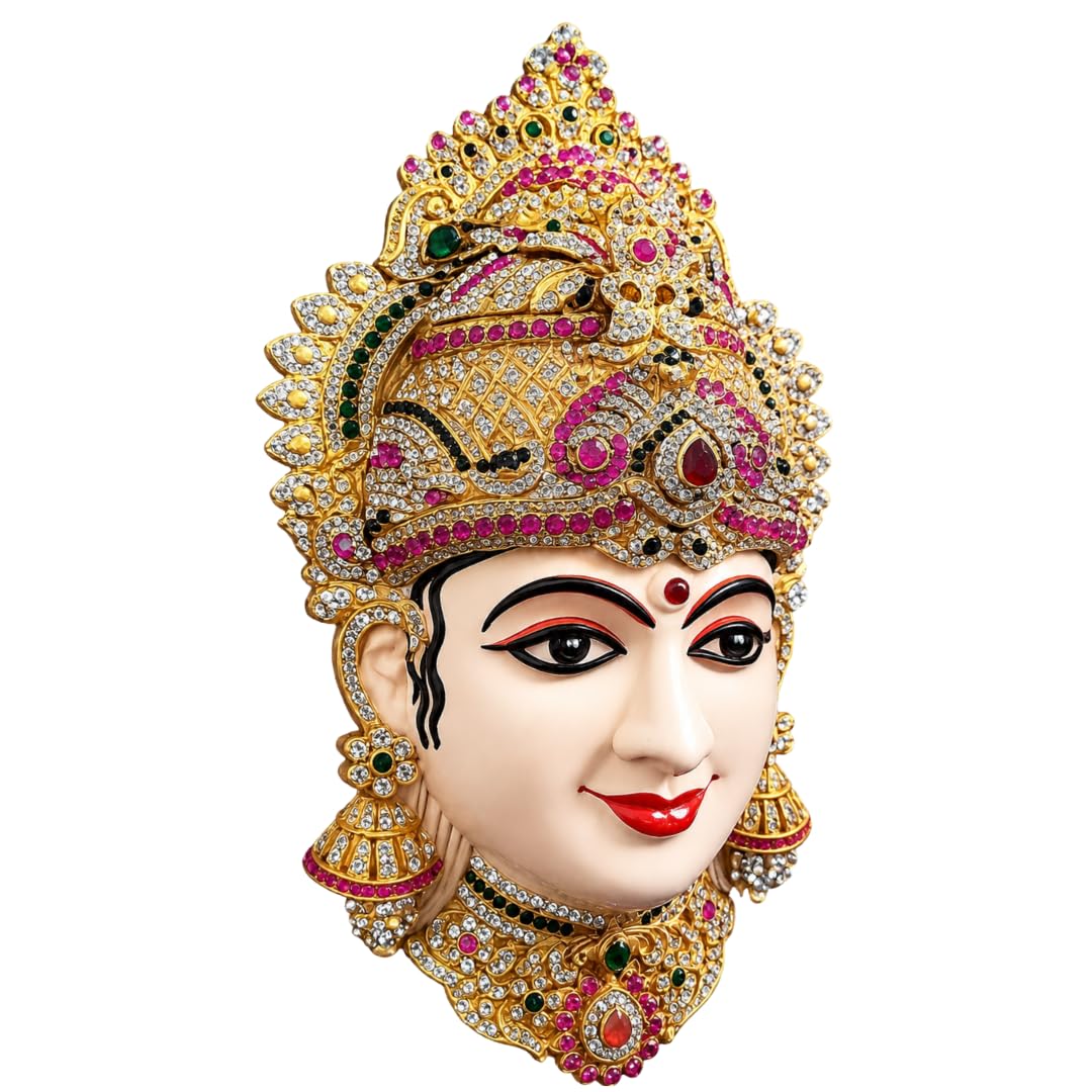 SRI YAGNAA - Decorative Lakshmi Devi Face for Ammavari Pooja - Decorative Ammavari Face with Stone Work - Varalakshmi Vratham Pooja Decoration - Lakshmi Devi Face for Puja - Varalaxmi Face (8 Inch)-image-3