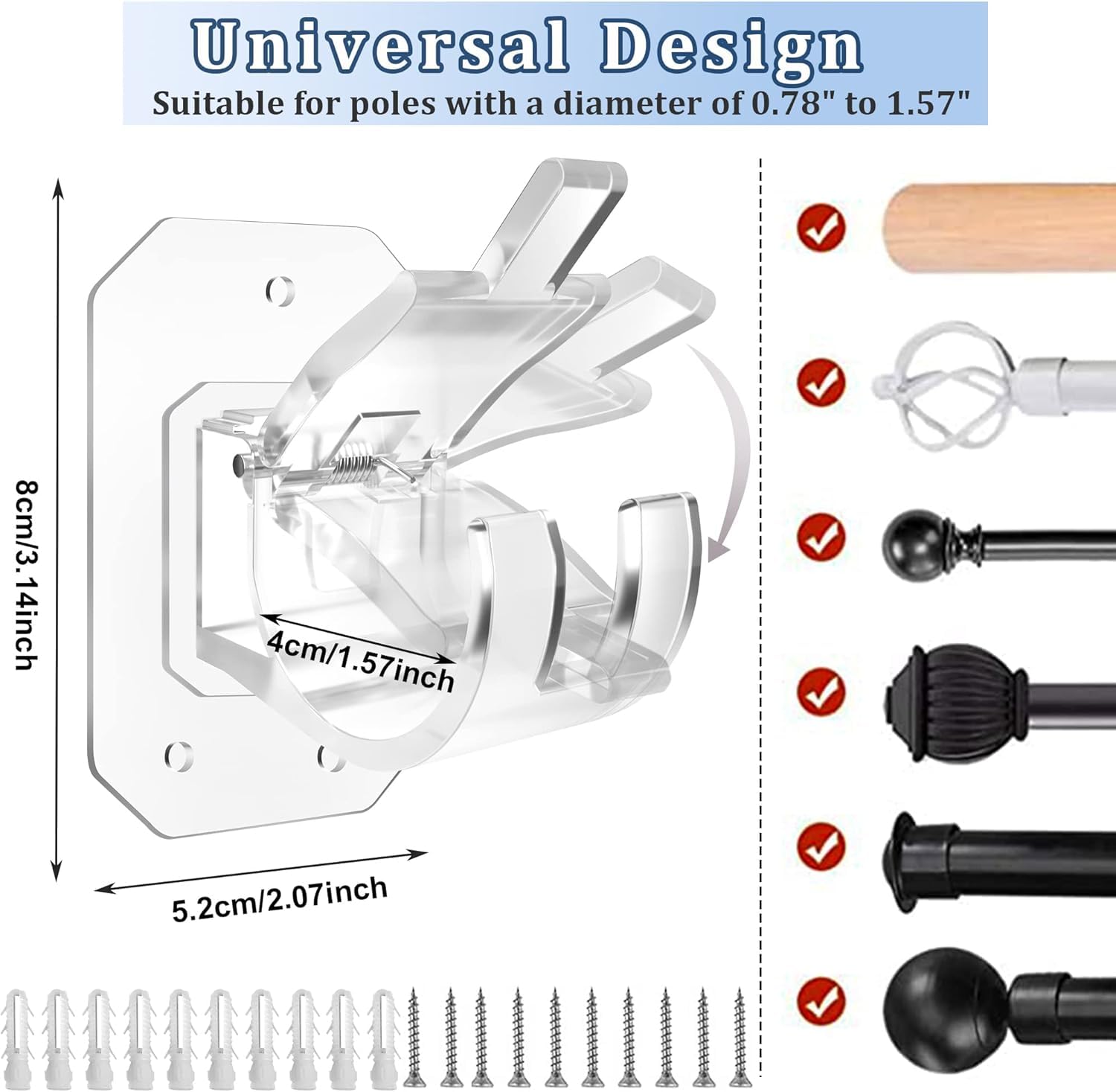 8PCS Upgraded No Drill Curtain Rod Brackets No Drilling Curtain Rod Holders Self Adhesive Curtain Rod Hooks Nail Free Adjustable Curtain Hangers Suitable for Poles of 0.78~1.57 Inch(Transparent)