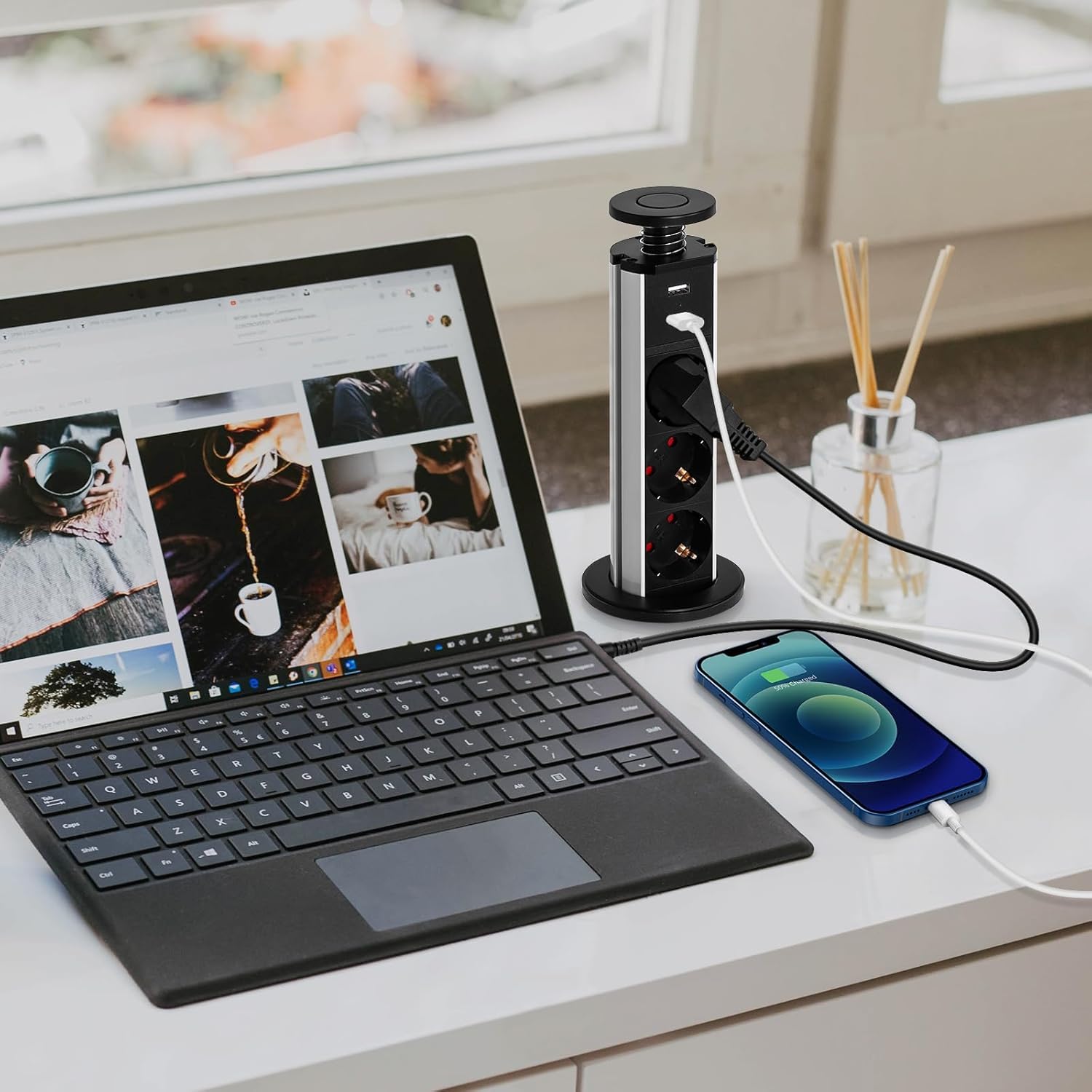2 Stück 3 Fach Versenkbare Steckdose mit USB, Einbausteckdose Ø60 mm | Mit Überspannungsschutz, Kindersicherung und 1,8 m Kabel für Arbeitsplatte, Schreibtisch und Küche