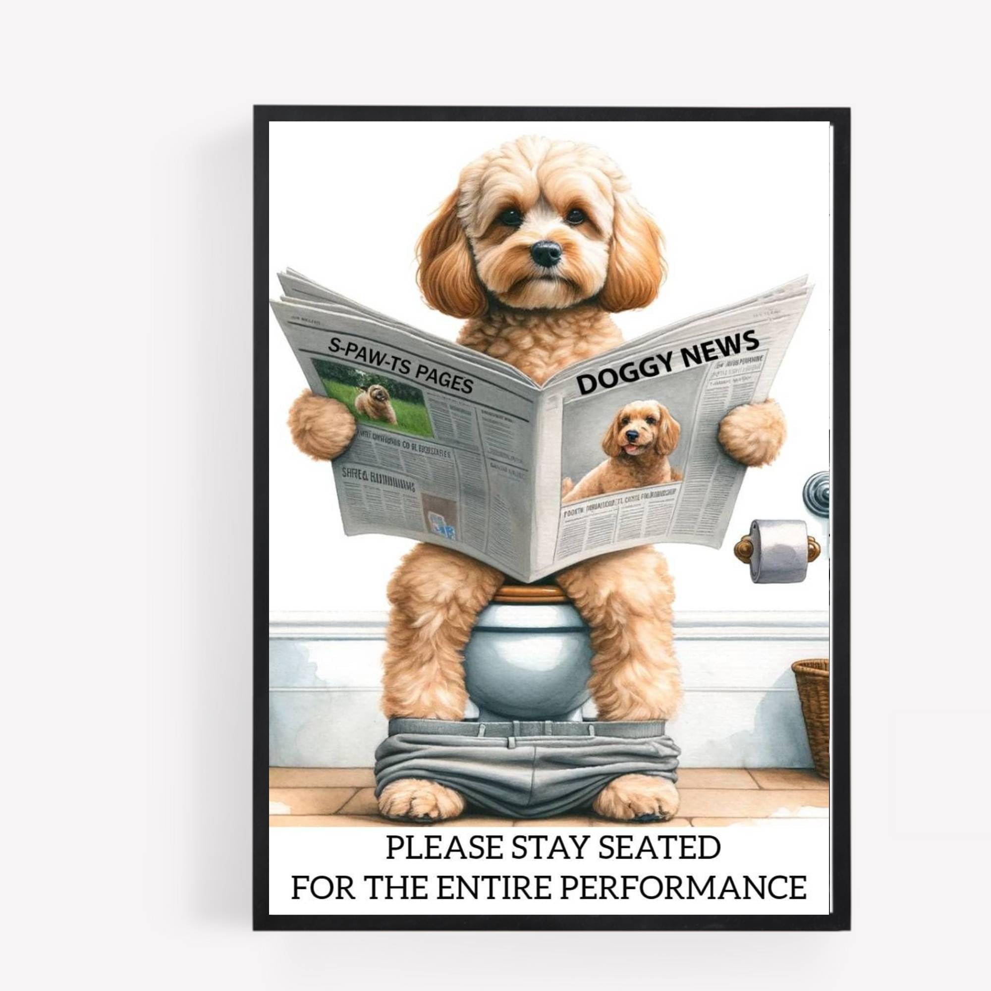 gfc Funny Bathroom Toilet animal Print Picture Poster cockapoo cavapoo dog on a toilet reading newspaper A4 UNFRAMED wall art Home decor Decorating be sated for the entire performance cream