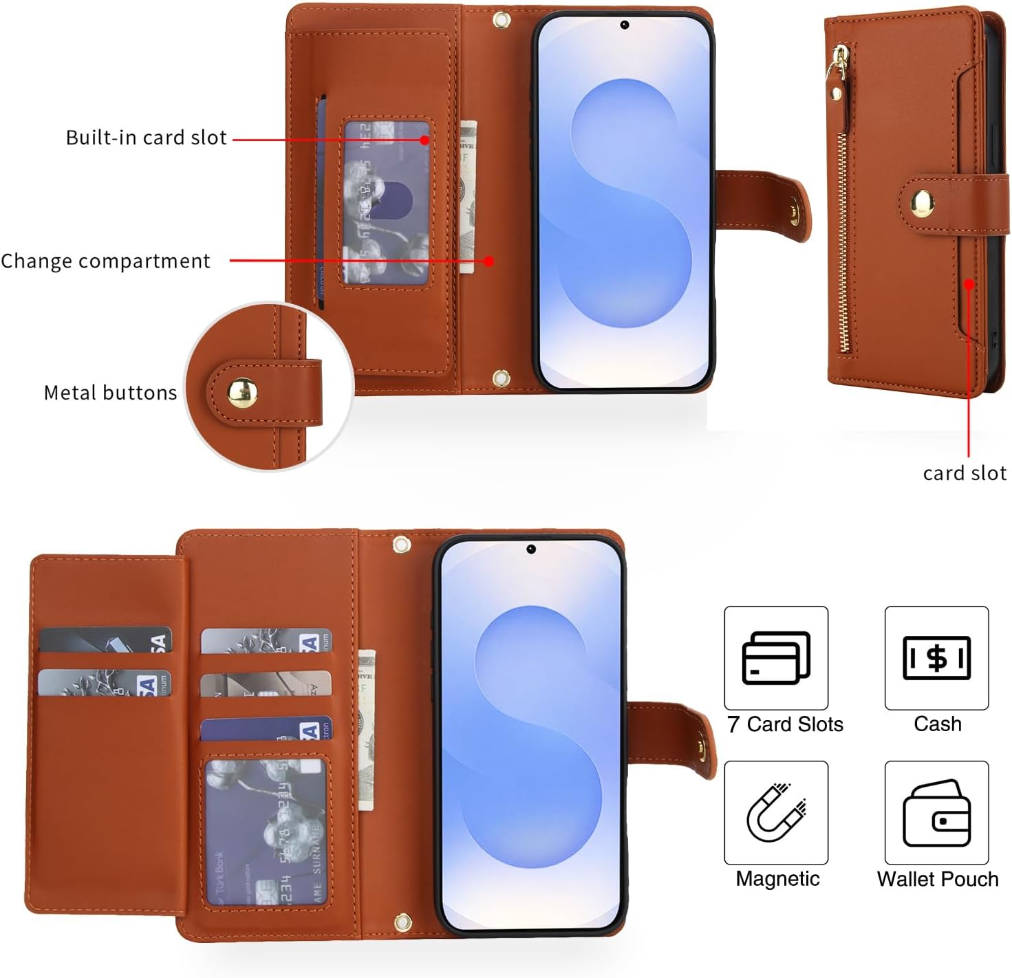 Asuwish Phone Case for Samsung Galaxy S25 FE 5G Zipper Wallet Cell Cover, with Tempered Glass Screen Protector and Crossbody Wrist Strap, Flip Credit Card Holder S 25 EF S25FE 25S Women Girls Brown