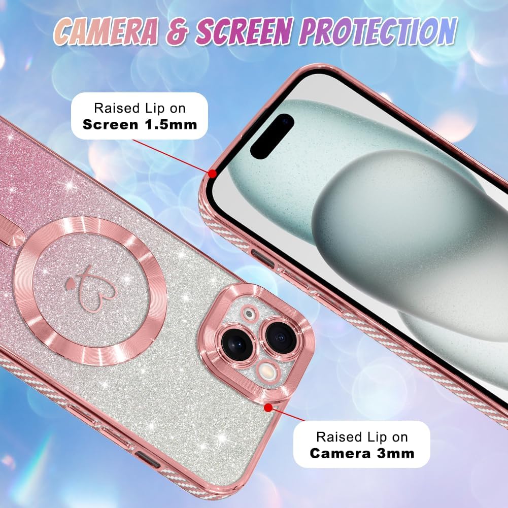 Bonoma Compatible with iPhone 15 Plus Case Support for MagSafe, Plating Heart Glitter Magnetic Case 2* Screen Protector TPU Camera Protection Back Cover for Girls Women -Pink - Image 4
