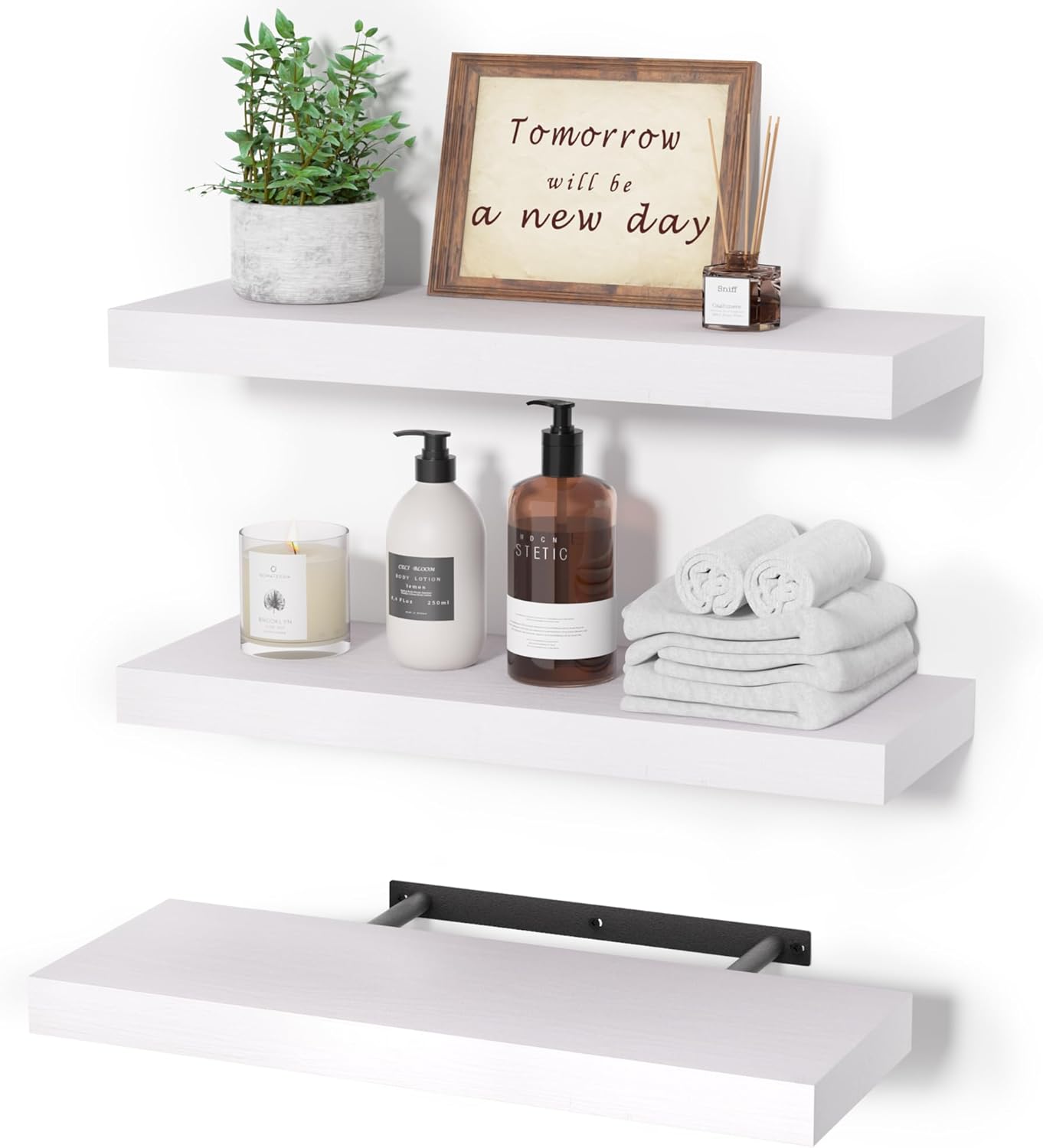 upsimples 16.5" L White Wooden Floating Shelves with Invisible Brackets, Wall Mounted Modern Wood Shelves Set of 3, for Bathroom Bedroom