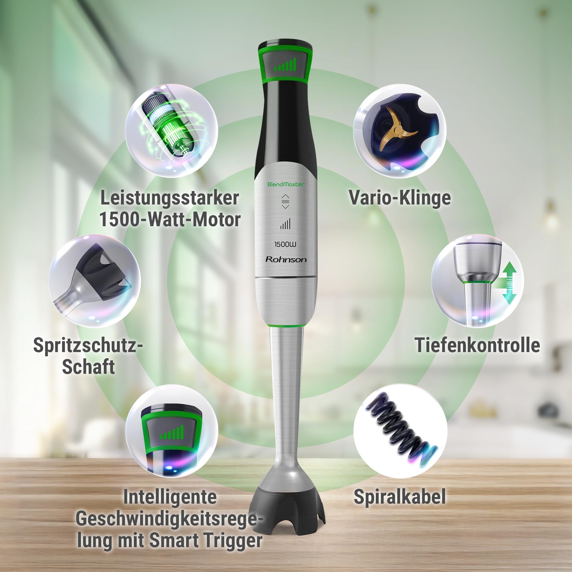 Rohnson BlendMaster R-5750 Stabmixer mit 1500 W, Vario-Blade-Technologie und Tiefenregelung, inklusive Schneebesen, Messbecher und Zerkleinerer, Spiralkabel