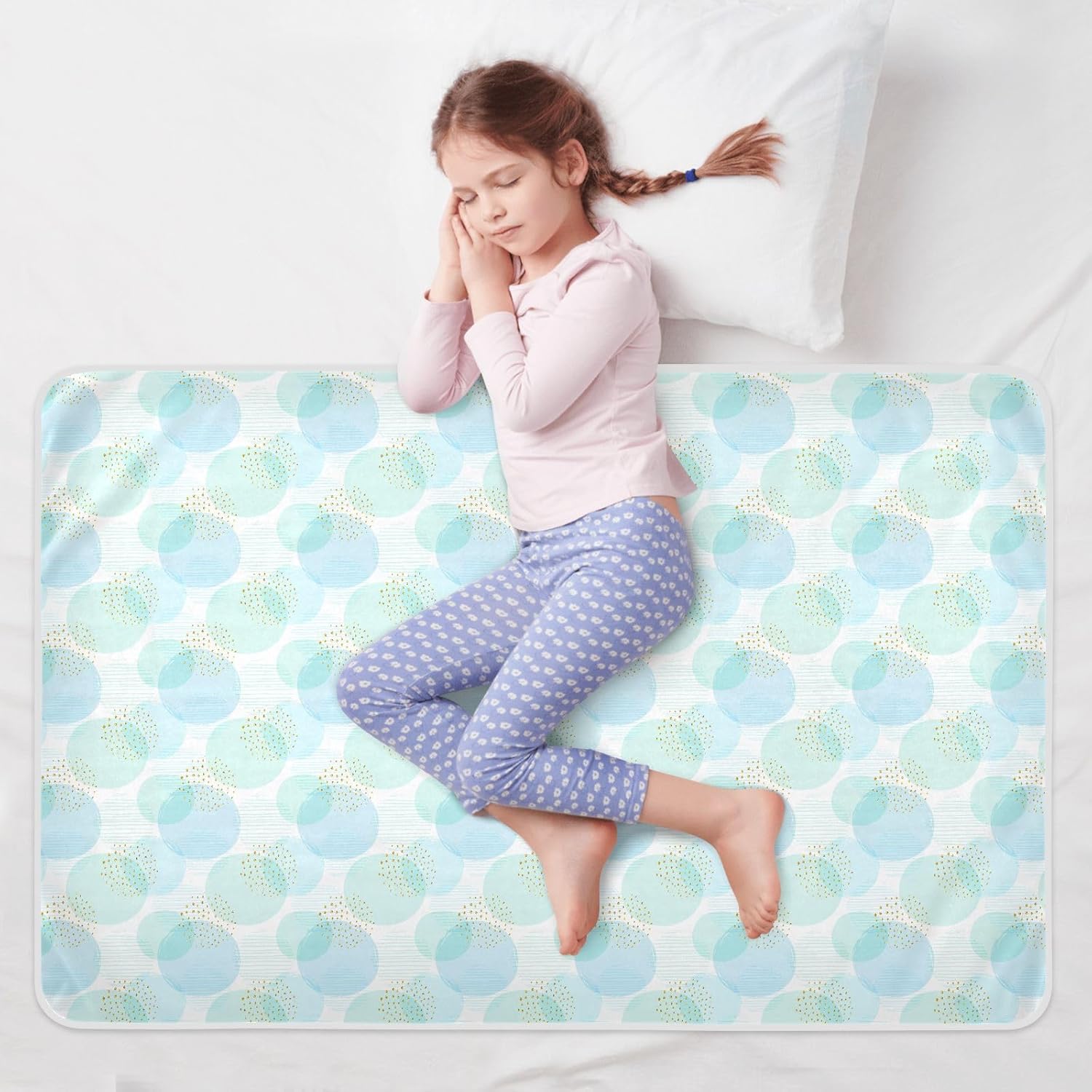 Pastel Blue Circles Dots Extra Large Resuable Toddler Mattress Pads Waterproof Washable Toddler Bed Pee Pads Slip-Resistant Travel Mattress for Infant Baby , 52" L x 34" W