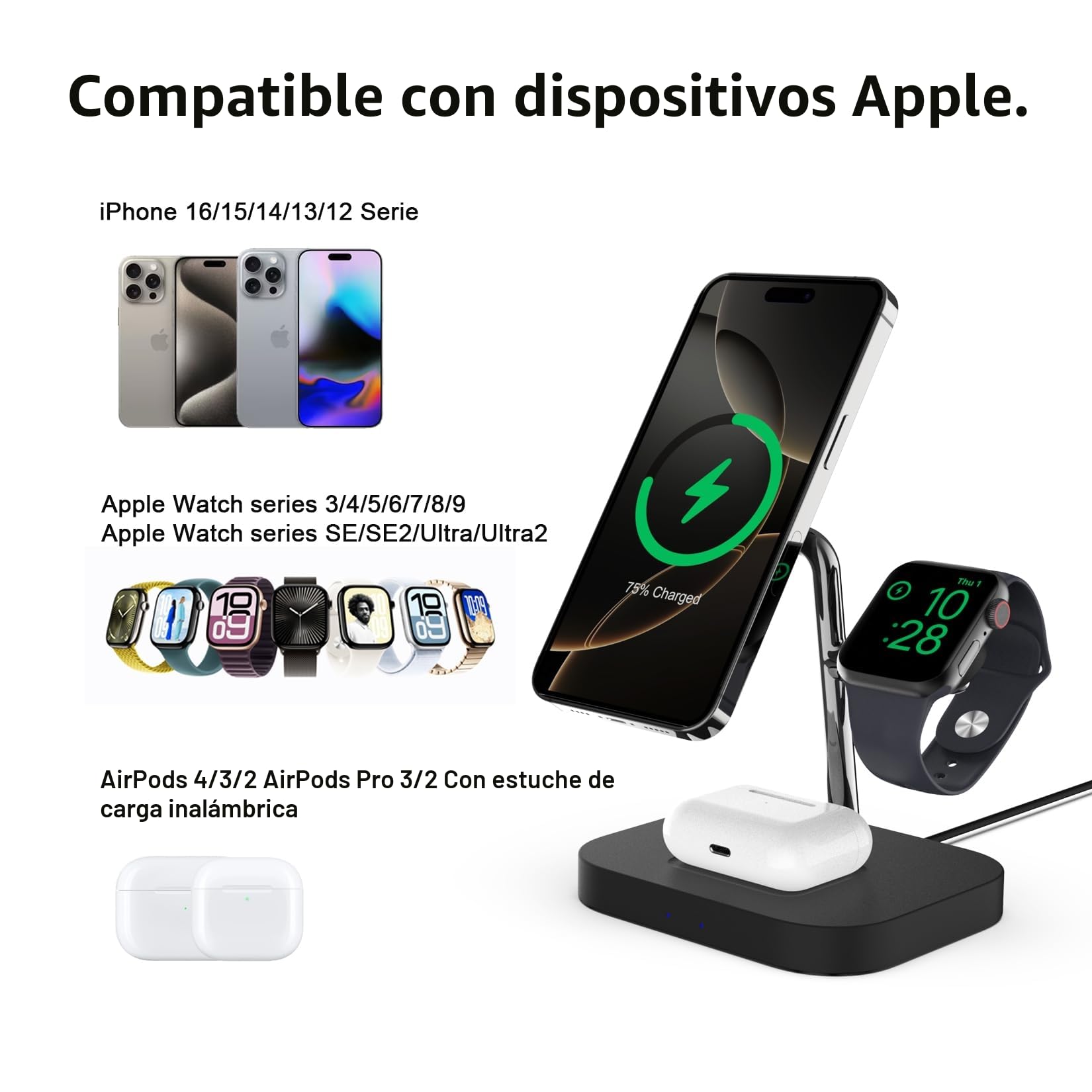 Boaraino estacion de Carga Apple, 3 en 1 Cargador magsafe Inalambrico Compatible con iPhone 17/16/15/14/13/12, Apple Watch11/10/9/8/7/6/SE/5/4/3, AirPods 2/3/4/Pro
