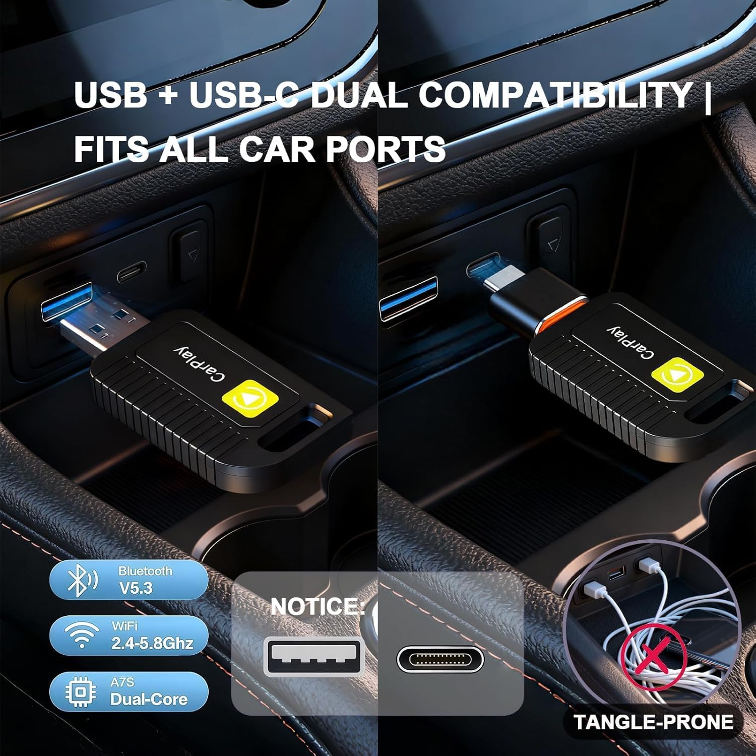 Wireless CarPlay Adapter, Convert Wired Apple CarPlay to Wireless for iPhone, Plug & Play, Auto Connection, Zero Screen Lag, USB-A & Type-C Port, Compatible with iOS 10+