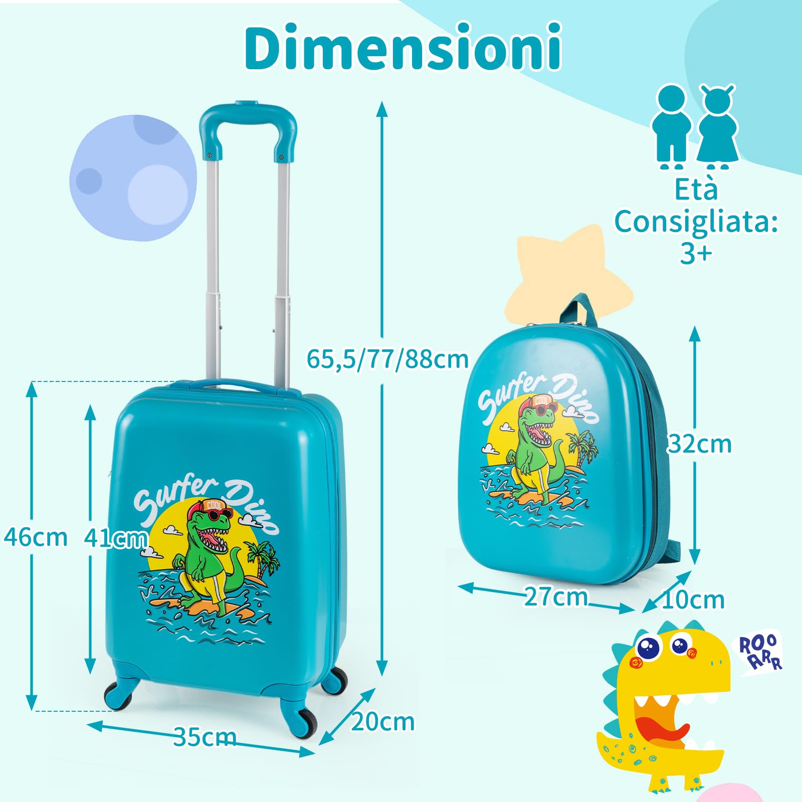 GYMAX 2 Pezzi Set Valigia per Bambini con Zaino, Trolley per Bambini con Ruote, Maniglia Telescopica, Valigia Leggera a Mano, Bagaglio per Aereo, Valigia per Ragazzi e Ragazze (Dinosauro)