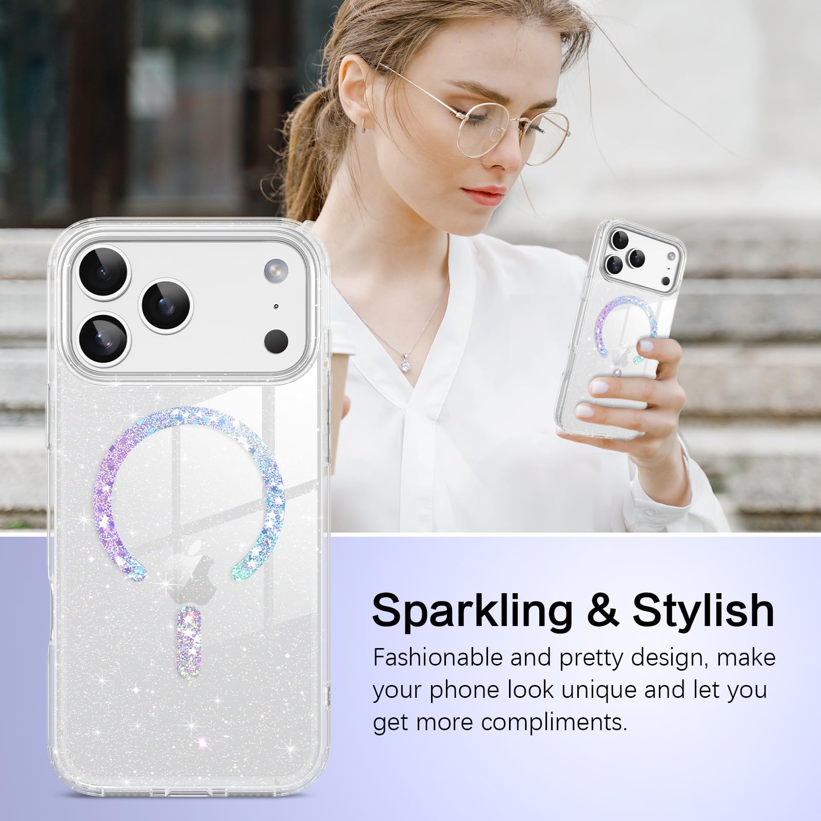 Reownest Cover Trasparente per iPhone 17 Pro, Custodia con Design Estetico Fiocco Rosa Carino, Protezione Lente Fotocamera per Donne e Ragazze + Catena Glitterata