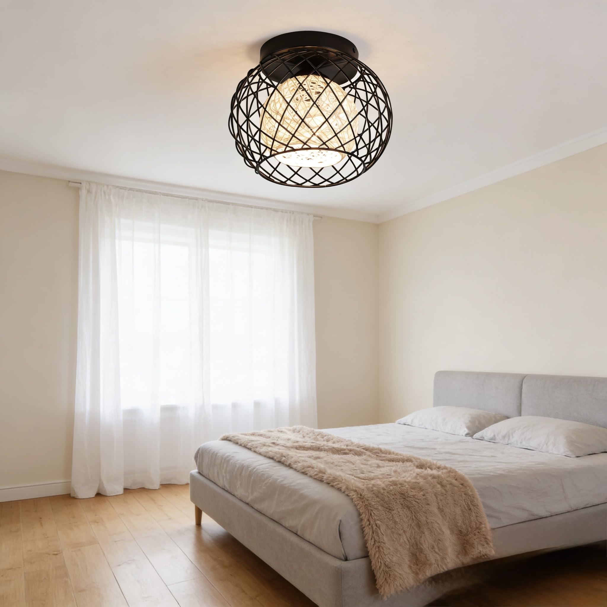 Lampada da Soffitto Vintage Plafoniera,Plafoniera vintage E27 Lampadario Soffitto Industriale Metallo Gabbia ferro Nero per Cucina Camera da letto Sala Da Pranzo