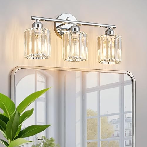 Moderna lámpara de tocador de cristal de 3 luces, lámpara de baño vertical cromada sobre espejo para tocador y fregadero, compatible con bombillas