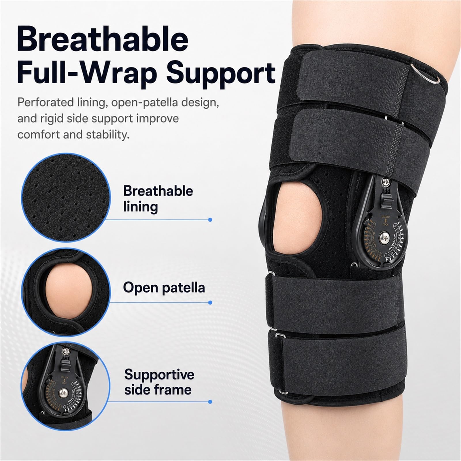 Ginocchiera Articolata Regolabile con Cerniere ROM Rimovibili e Controllo della Flessione per Post-Operatorio Supporto Compressione Traspirante Design Antiscivolo(L)