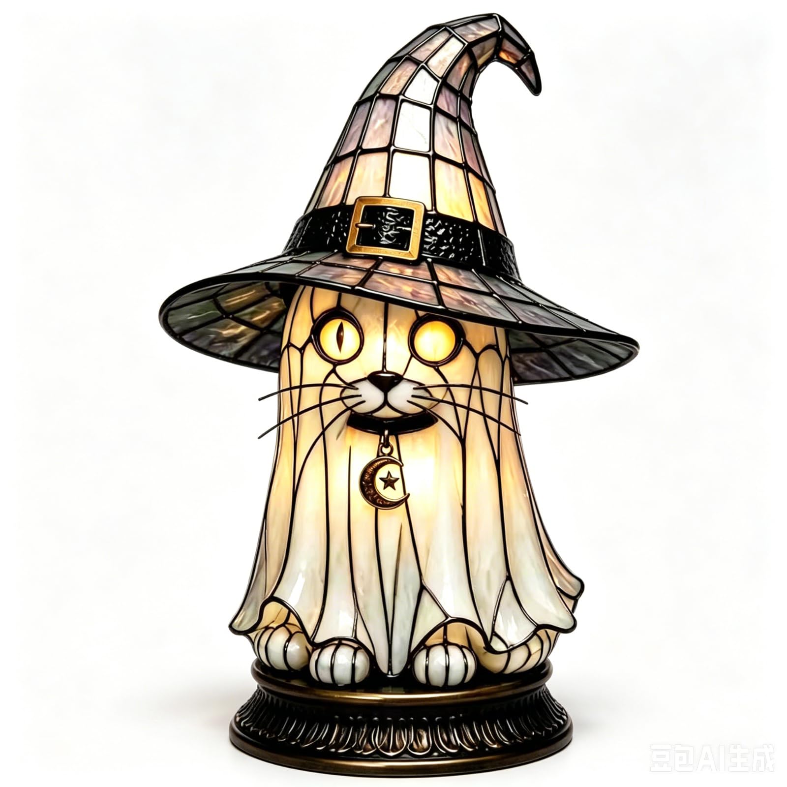 Stained Glass Witch Hat Lamp, Handcrafted Halloween Gothic Table Light (Ghost)