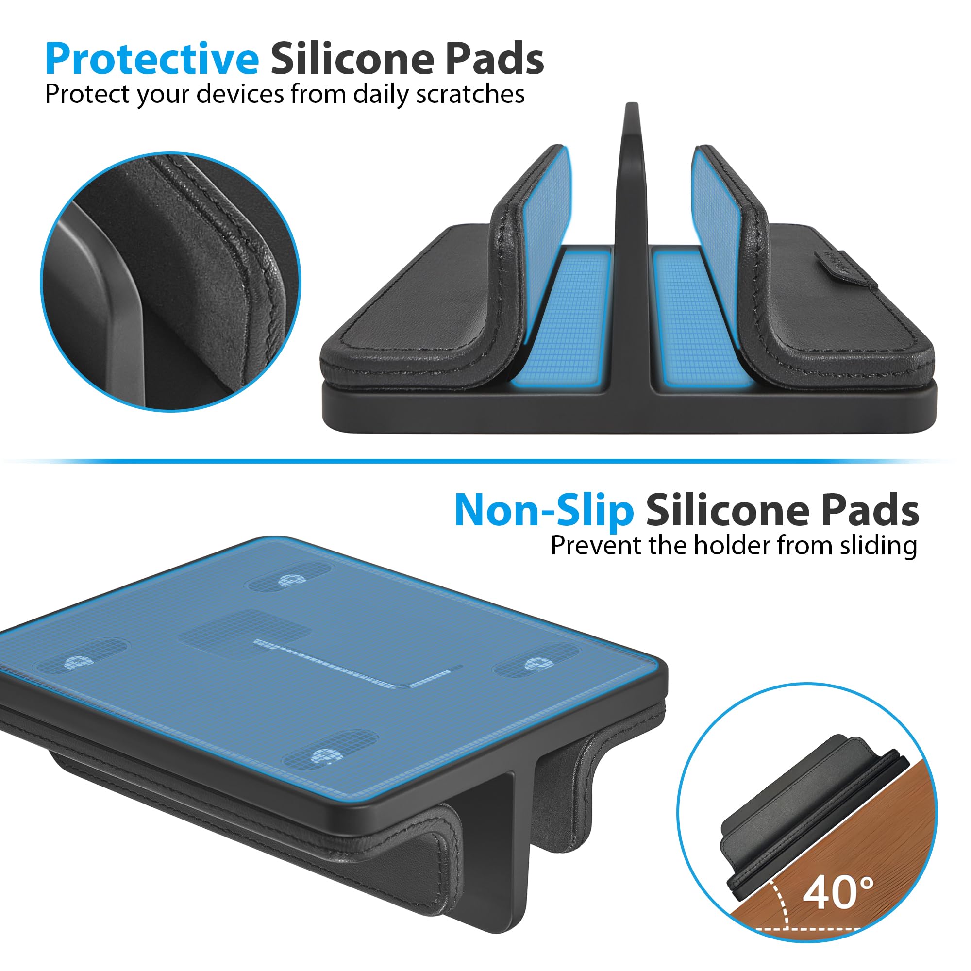 Supporto verticale doppio per laptop, 3 in 1, supporto verticale da scrivania con dock regolabile (fino a 43,3 cm), organizer da scrivania in pelle per telefono, tablet, MacBook, HP, Dell, Chrome Book
